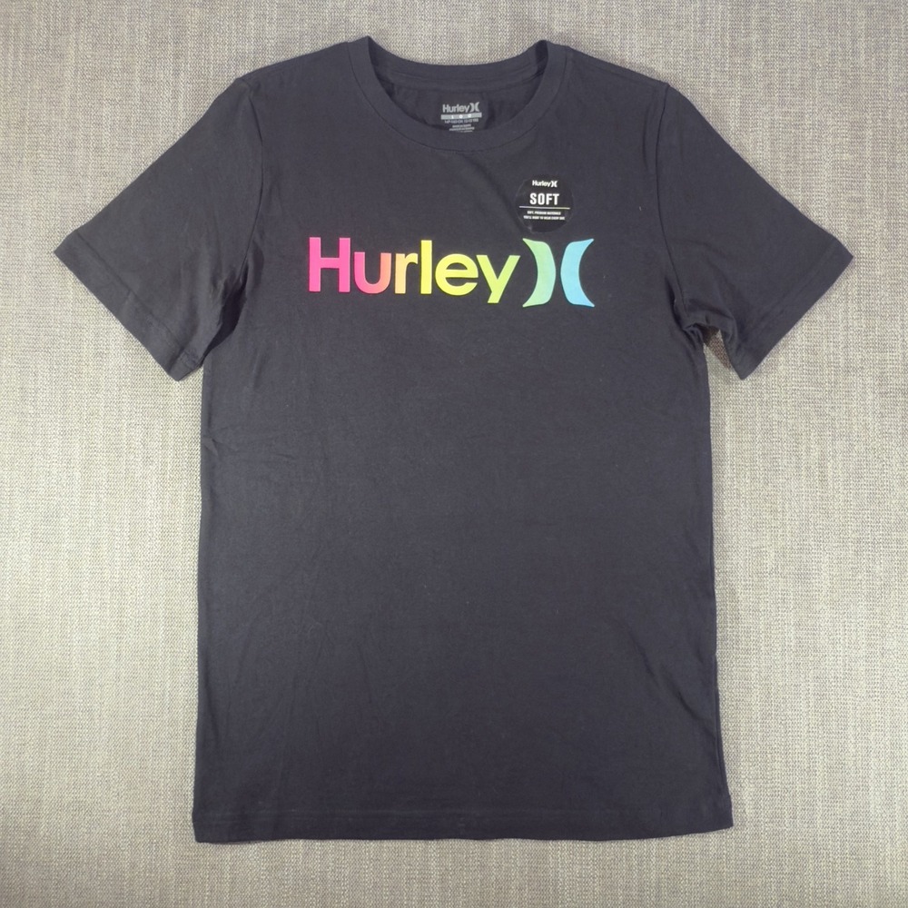Hurley Shirt Youth Large 12-13 Black Soft Rainbow Logo Graphic Tee Crew Neck